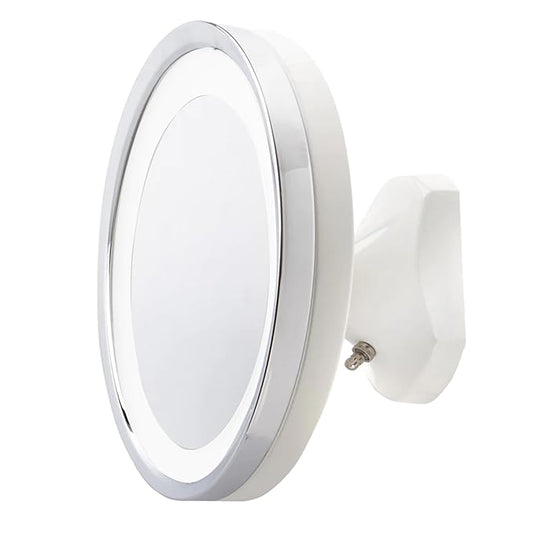 JERDON Wall Mounted White/Chrome Finish Makeup Mirror with LED Light – 5X Magnification – 9.75” Diameter –5.25” Pivot Extension – Direct Wire Only - Model HL95WL