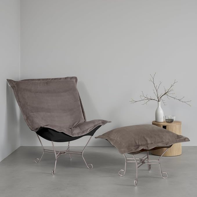 Howard Elliott Scroll Puff Rocker Seating Chair With Cover, Multipurpose Alternate Seating Butterfly Chair with Titanium Frame, Patio Furniture for Camping, Home, Indoor & Outdoor, Bella Pewter