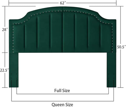 24KF Velvet Fabric Upholstered Queen/Full Headboard with Nail Trims,Modern Vertical Channel Design with Curved Headboard, 6052-Q-Jade