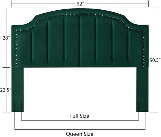 24KF Velvet Fabric Upholstered Queen/Full Headboard with Nail Trims,Modern Vertical Channel Design with Curved Headboard, 6052-Q-Jade