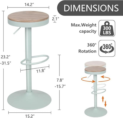 Kidol & Shellder Bar Stools Set of 2 Round Adjustable Swivel Barstools Modern Backless Bar Chairs Wooden Seat Counter Height Stools Armless for Kitchen Island, Cafe, Dining Room (Mint Green)