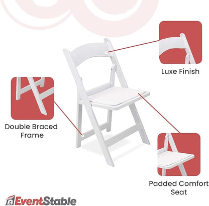 EventStable Titan PRO Resin White Indoor/Outdoor Lightweight Vinyl Padded Folding Chair for Weddings Parties Events - 50 Pack