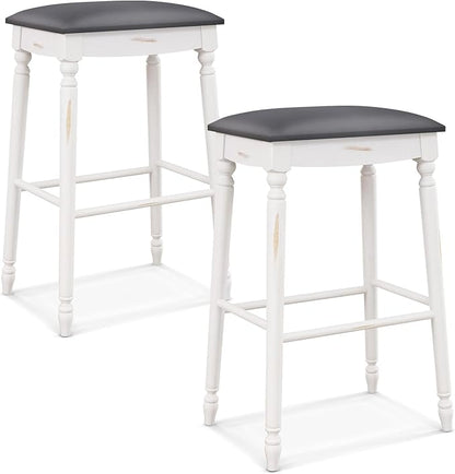 COSTWAY Upholstered Bar Stools Set of 2, 29-Inch Backless Counter Height Dining Stools with Delicate Wood Carving, Footrest, Solid Rubber Wood Frame, Farmhouse BarStools for Kitchen Island Bar, White