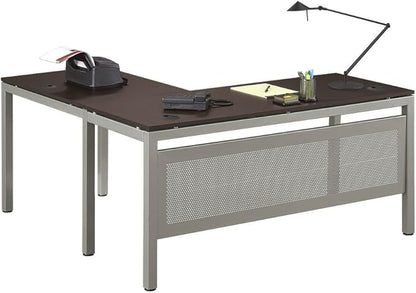 NBF at Work Reversible L Shaped Executive Office Desk - Durable Espresso Laminate Computer Desk with Steel Frame - Modern Desk with 3 Grommet Holes - 60" W x 60" D Work Desk for Home (Brown)
