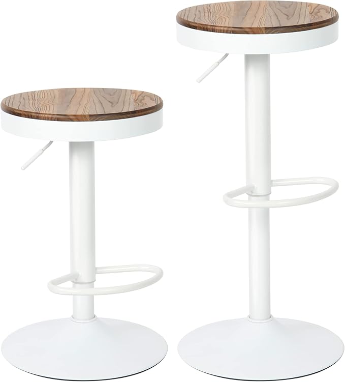 Kidol & Shellder Bar Stools Set of 2 White Round Adjustable Swivel Barstools Modern Backless Bar Chairs Wooden Seat Counter Height Stools Armless for Kitchen Island, Cafe, Dining Room
