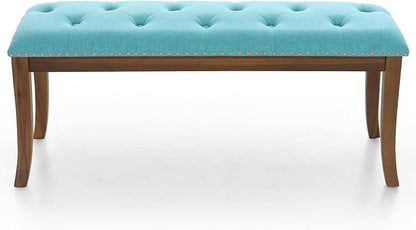 MFSTUDIO 44" Vintage Tufted Entryway Bench, Extra Large Memory Foam Upholstered Wood Ottoman Bench Dining Bench, Rectangle Tufted Fabric Bench for Living Room Hallway, Light Blue Cushion