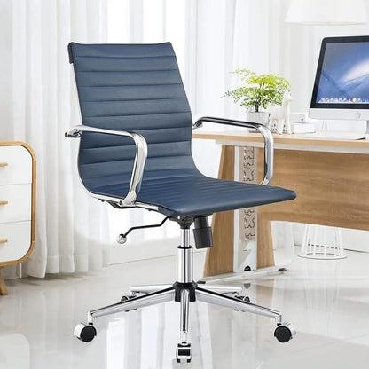 Office Desk Chair,Modern Conference Room Task Chairs,Leather Computer Swivel Excutive Ribbed Ergonomic Rolling Chair for Home Office Desk Chair （Navy）