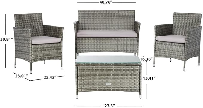 SAFAVIEH PAT7506B Collection Bandele Grey 4-Piece Outdoor Living Patio Set