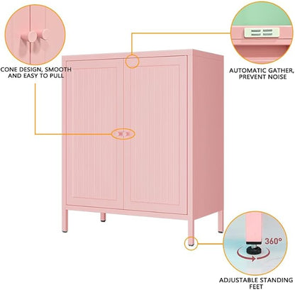 Living Room Cabinets, Pink Lockable Storage Cabinets with Doors and Shelves,2 Door Cabinet with high feet,Modern Metal Locker,Low Side Cupboard for Home,Office,Kitchen,Bathroom,Dining Room
