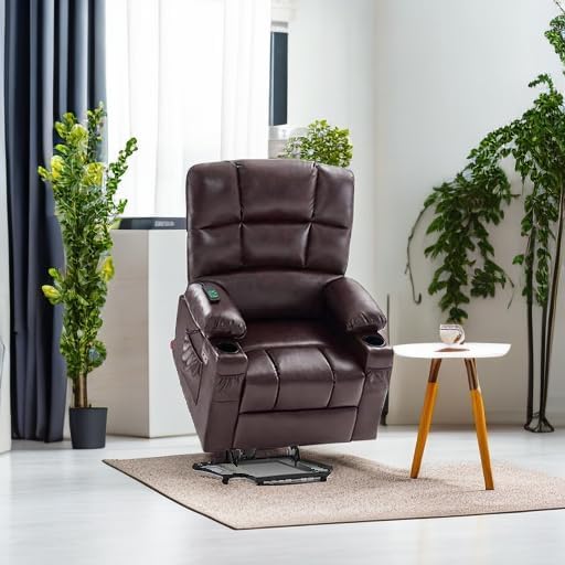 MCombo Large Dual Motor Power Lift Recliner Chair for Elderly, Massage and Heat, Lay Flat, Zero Gravity, Home Button, USB Port, Faux Leather 7680 (Dark Brown, Large)