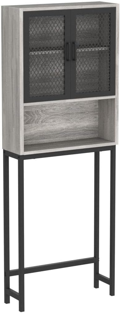 Launica Bathroom Space Saver, Over The Toilet Storage Cabinet, Metal and Wood Industrial Organizer Stand Above Toilet, Freestanding Rack Behind Toilet Wtih Shelf, Light Grey Oak