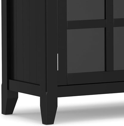 SIMPLIHOME Acadian SOLID WOOD 62 inch Wide Transitional Wide Storage Cabinet in Black, with 3 Tempered Glass Doors, 3 Adjustable Shelves