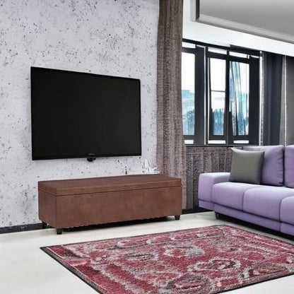 SIMPLIHOME Avalon 54 Inch Wide Contemporary Rectangle Extra Large Storage Ottoman Bench in Distressed Saddle Brown Vegan Faux Leather, Assembled, For the Living Room, Entryway and Family Room
