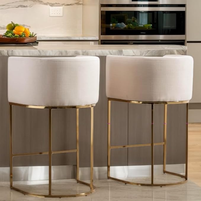 Contemporary Cream Linen Bar Stools Set of 2, 29" Upholstered Fabric Counter Height Barstools Kitchen Counter Island Stools with Screwed Together Golden Metal Base