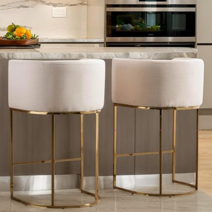 Contemporary Cream Linen Bar Stools Set of 2, 29" Upholstered Fabric Counter Height Barstools Kitchen Counter Island Stools with Screwed Together Golden Metal Base