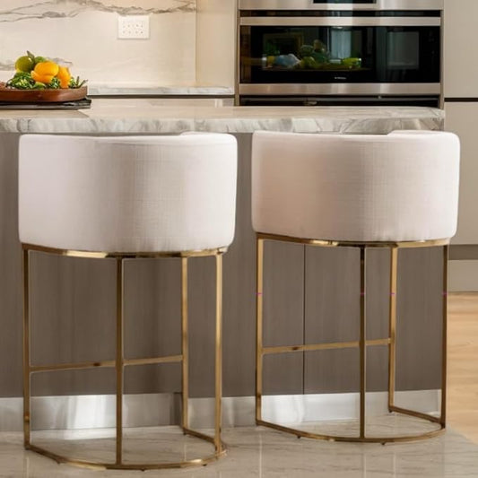 Contemporary Cream Linen Bar Stools Set of 2, 29" Upholstered Fabric Counter Height Barstools Kitchen Counter Island Stools with Screwed Together Golden Metal Base