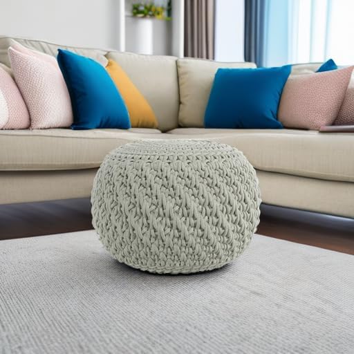 SIMPLIHOME Nisi Boho Round Knitted Outdoor/ Indoor Pouf in Light Grey Recycled PET Polyester for the Living Room, Bedroom and Kids Room