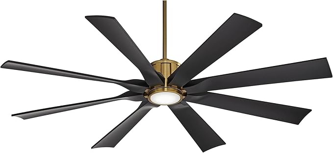 Possini Euro Design 60" Defender Modern Outdoor Ceiling Fan with LED Light Remote Control Soft Brass Matte Black Damp Rated for Patio Exterior House Home Porch Gazebo Garage Barn