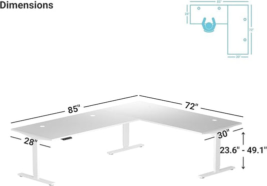 Progressive Desk Stand Up Height Adjustable Standing Desk - L Shaped 85" x 72" Corner Computer Rising Workstation Electric Table - White Frame, Roasted Walnut Top