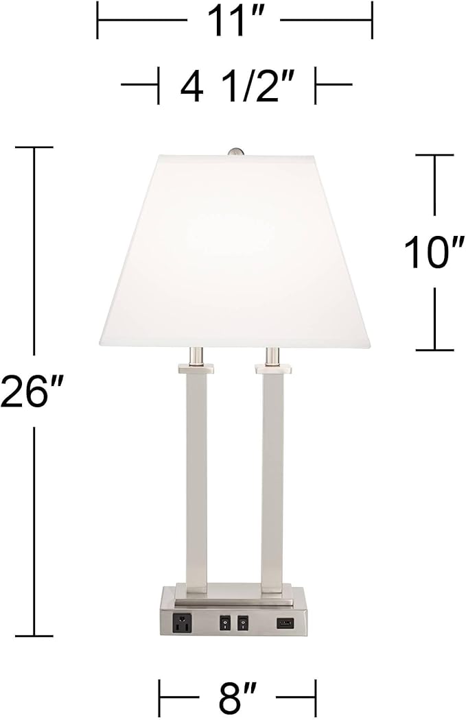 Possini Euro Design Amity Modern Table Lamp 26" High with USB and AC Power Outlet in Base Brushed Nickel White Linen Hardback Shade for Bedroom Living Room House Home Desk Bedside Nightstand Office
