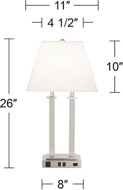 Possini Euro Design Amity Modern Table Lamp 26" High with USB and AC Power Outlet in Base Brushed Nickel White Linen Hardback Shade for Bedroom Living Room House Home Desk Bedside Nightstand Office