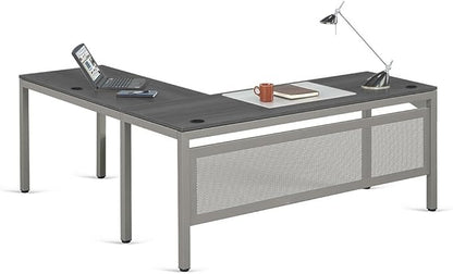 NBF at Work Reversible L Shaped Executive Office Desk - Durable Espresso Laminate Computer Desk with Steel Frame - Modern Desk with 3 Grommet Holes - 60" W x 60" D Work Desk for Home (Brown)