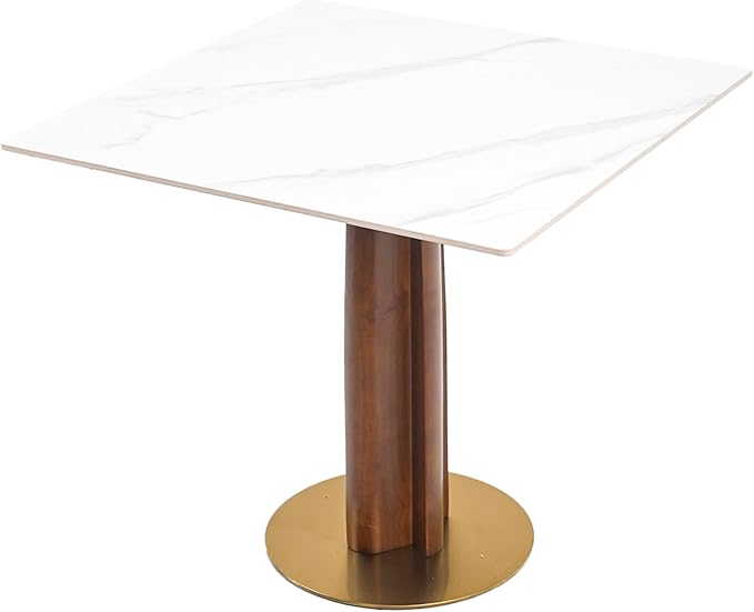 Sintered Stone Square Office Table - Meeting Desk for Small Offices (Walnut‌ Leg and White Top, 1 Table Only)