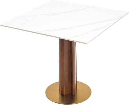 Sintered Stone Square Office Table - Meeting Desk for Small Offices (Walnut‌ Leg and White Top, 1 Table Only)