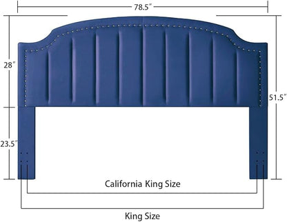 24KF Upholstered Channel Pattern King Headboard with Silver Nailhead Trim, Comfy Velvet Headboard King/CA King, 6052-K-Navy