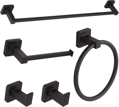5 Pieces Black Bathroom Hardware Set,Wall Mounted 23.6 inch Towel Bar Set Matte Black,Towel Rack Set,Toilet Paper Holder,Matte Black Bathroom Accessories Set