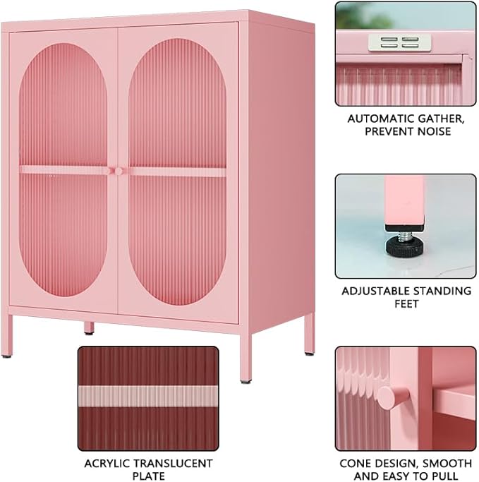Display Cabinets with 2 Acrylic Doors，Small Pantry Cabinet, Storage Closet with Adjustable Shelf and High Feet, Pink Cabinet for Home, Office, Living Room,Dining Room,Sideboard, Hallway and Entryway