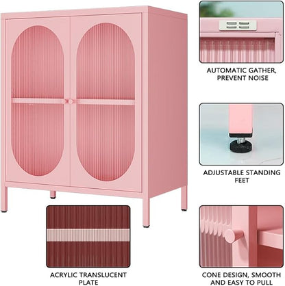 Display Cabinets with 2 Acrylic Doors，Small Pantry Cabinet, Storage Closet with Adjustable Shelf and High Feet, Pink Cabinet for Home, Office, Living Room,Dining Room,Sideboard, Hallway and Entryway