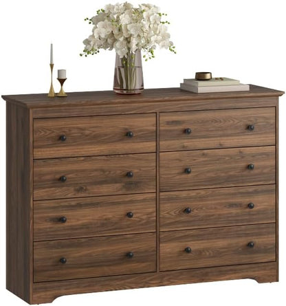 Dresser for Bedroom, 8 Drawer Dresser with Large Drawers, 55 Inch Wide Wood Chest for Living Room, Hallway, Walnut