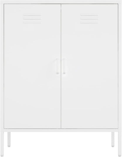 Manhattan Comfort Naomi Modern Metal Accent Cabinet, Minimalist Storage Cabinet with Doors & Adjustable Shelves, Vented Doors, Sturdy Steel Build, Versatile & Multi-Purpose Home Furniture, White
