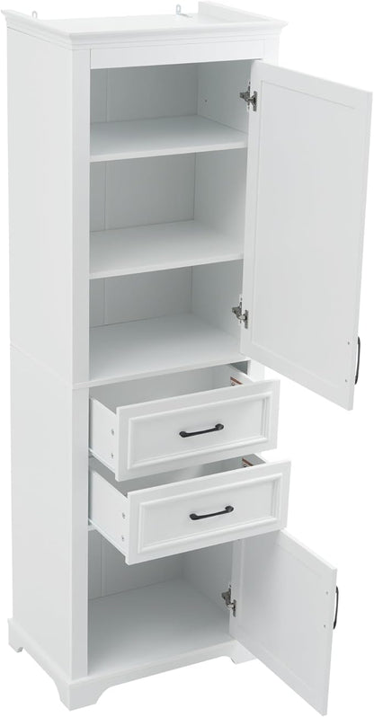 Tall Freestanding Storage Cabinet with 2 Doors & 2 Drawers, Multi-Purpose Organizer with Adjustable Shelf for Bathroom, Office, Living Room, White
