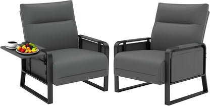 Faux Leather Accent Chairs Set of 2 with Flip Up Tray Tables Soft Backrest for Living Room Office Bedroom Modern Accent Chairs, Gray