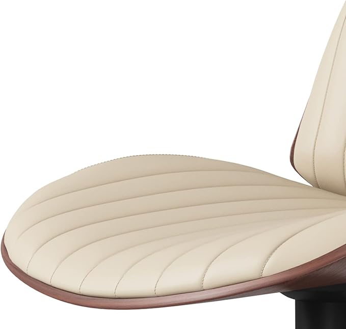 SIMPLIHOME Goulding Adjustable Swivel Bar Stool - 33 inch Seat Height Upholstered Metal Chair in Cream Vegan Faux Leather, Mid Century Seating for Kitchen or Bar with Curved Bentwood Back