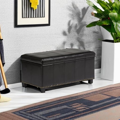 SIMPLIHOME Amelia 33 inch Wide Transitional Rectangle Storage Ottoman Bench in Midnight Black Vegan Faux Leather, Assembled, For the Living Room, Entryway and Family Room