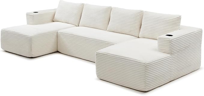 132 Inch Modular Sectional Sleeper Sofa, Boneless Cloud Couch for Living Room, U Shaped 5 Seat Sofa with 2 Cup Holders, Free Combination, No Assembly Required (Beige)