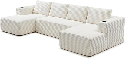 132 Inch Modular Sectional Sleeper Sofa, Boneless Cloud Couch for Living Room, U Shaped 5 Seat Sofa with 2 Cup Holders, Free Combination, No Assembly Required (Beige)