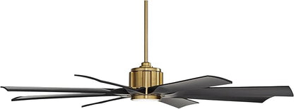 Possini Euro Design 60" Defender Modern Outdoor Ceiling Fan with LED Light Remote Control Soft Brass Matte Black Damp Rated for Patio Exterior House Home Porch Gazebo Garage Barn