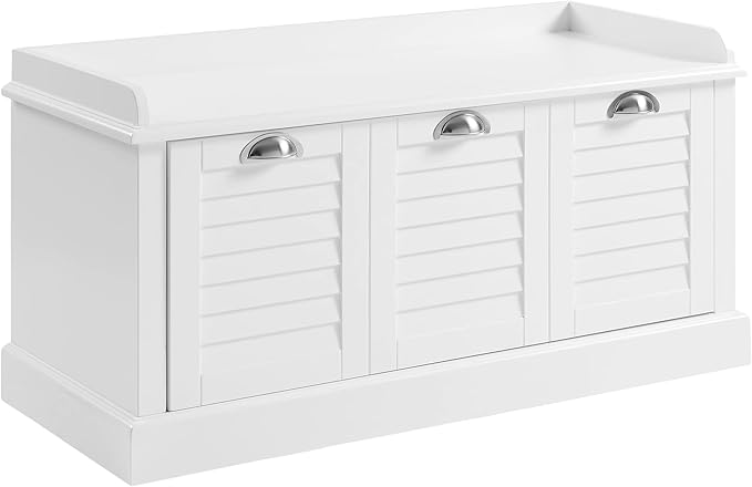 Crosley Furniture Ellison Entryway Storage Bench with Shoe Rack Organizer Drawer, White with Gray Cushion