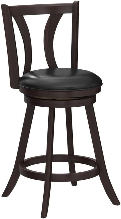 COSTWAY Bar Stools Set of 2, 360-Degree Swivel Stools with Leather Padded Seat, Single Slat Back & Solid Rubber Wood Legs, Counter Height Stools for Pub, Restaurant, Kitchen, Brown (4)