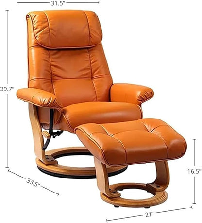 Pemberly Row Stressless Recliner with Ottoman in Orange Leather, Recliner with Ottoman Set for Modern Home Comfort