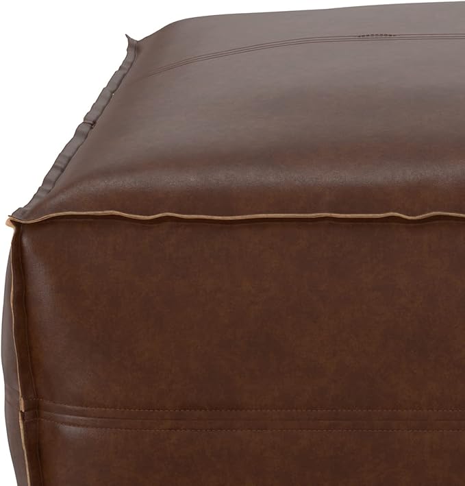 SIMPLIHOME Brody 30-inch Wide Large Square Coffee Table Pouf in Distressed Dark Brown, Vegan Faux Leather Ottoman, Footrest, or Extra Seating for Living Room, Assembled