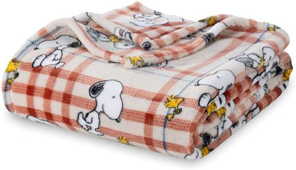 Berkshire Blanket Peanuts® VelvetLoft® Cute Character Snoopy Plush Blanket,Snoopy and Woodstock Wood Holiday Plaid Medium Tan,King 90 in x 108 in (Official Peanuts® Product)