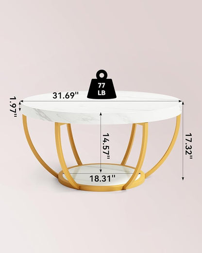 LITTLE TREE Round Coffee Table, 32" Circle Faux Marble Coffee Tables for Living Room, 2-Tier Golden Metal Legs Accent Center Table with Open Storage Modern Design Home Furniture (White and Gold)