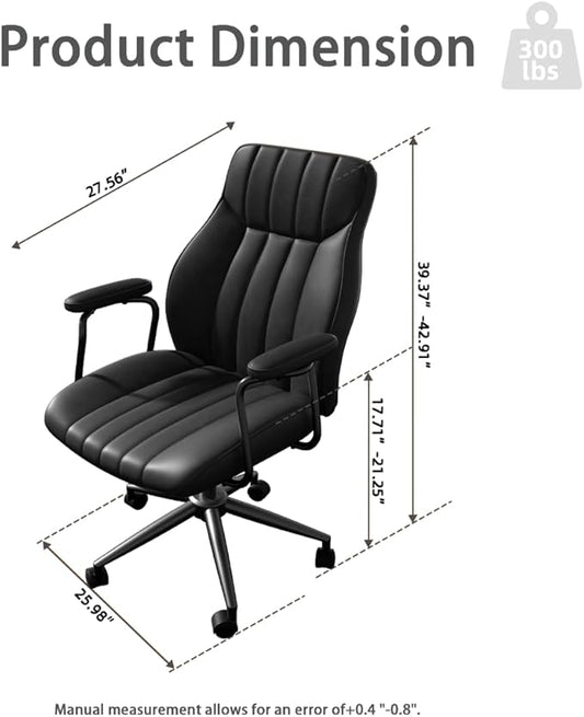 Black Leather Office Desk Chair with Wheels and Arms, Height Adjustable, Vintage, Mid Century Modern Style