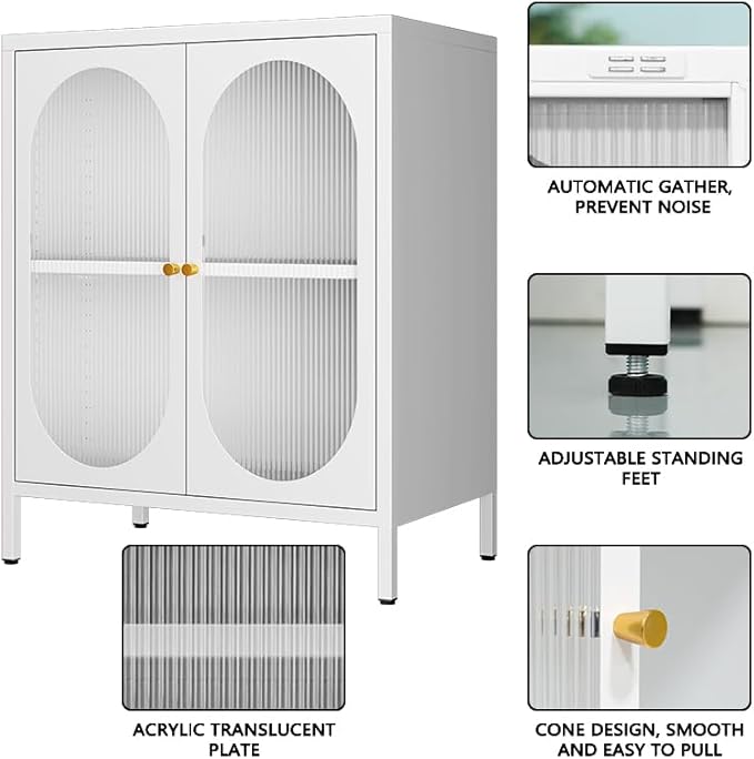 Small White Cabinet with High Feet, Metal Pantry Cabinet with Adjustable Shelf, Storage for Room, Office, Living Room,Dining Room,Sideboard, Hallway and Entryway