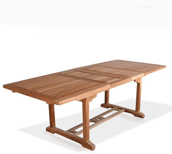 7PC Indonesian Grae A Teak Outdoor Patio Dining Set with Smith 84x40 Small Double Extension Rectangle Table and 6 Java Stacking Chairs